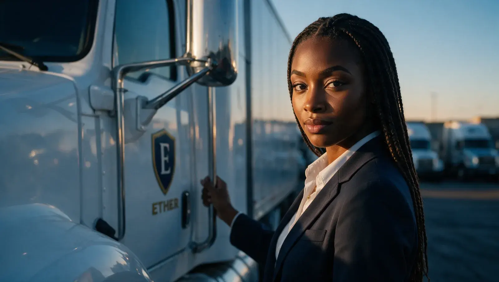 Esther, Ether's digital guide, standing beside an Ether truck at dawn